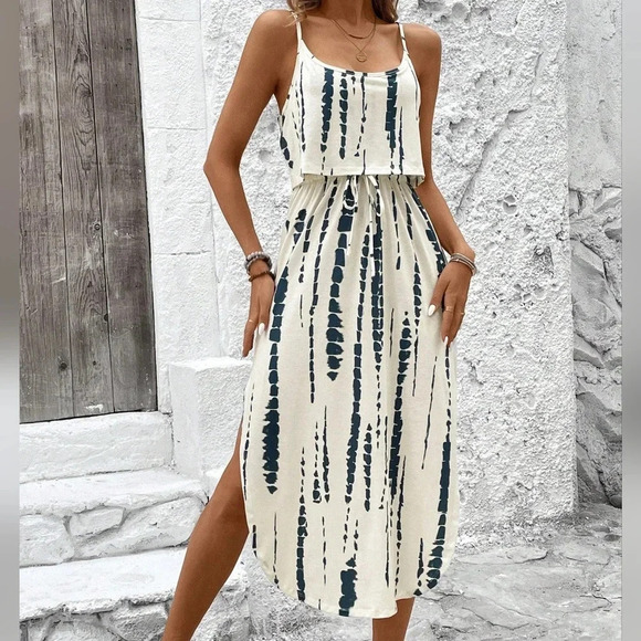 Tie-Dye Spaghetti Strap Dress With Waist Belt And Side Slit - Picture 2 of 6